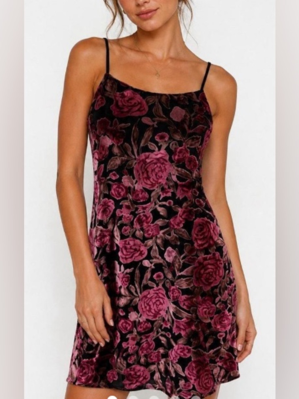 Aqua Bloomingdale’s Black Pink Floral Rose Velvet Burnout Mini Slip Dress